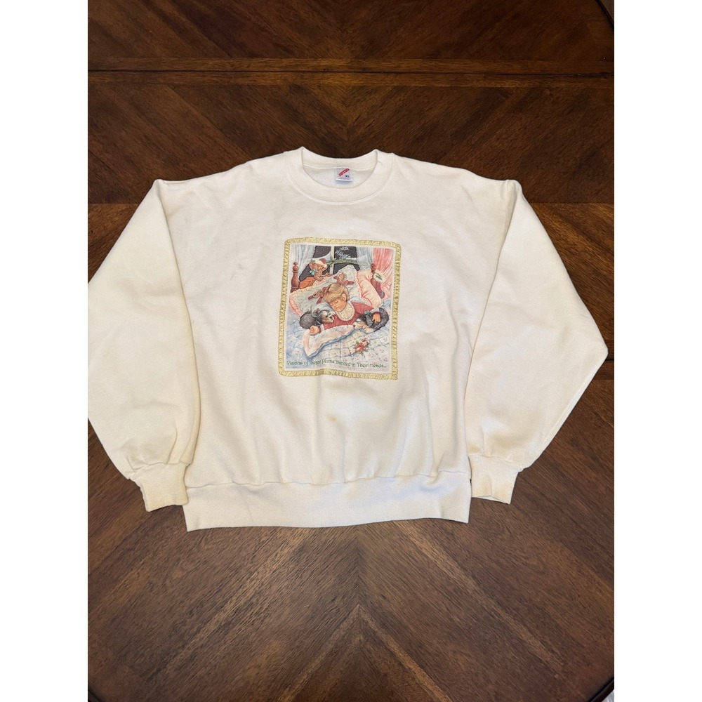 Vintage Jerzees Christmas Sweatshirt XL Visions of Sugar Plums Cream Made in USA